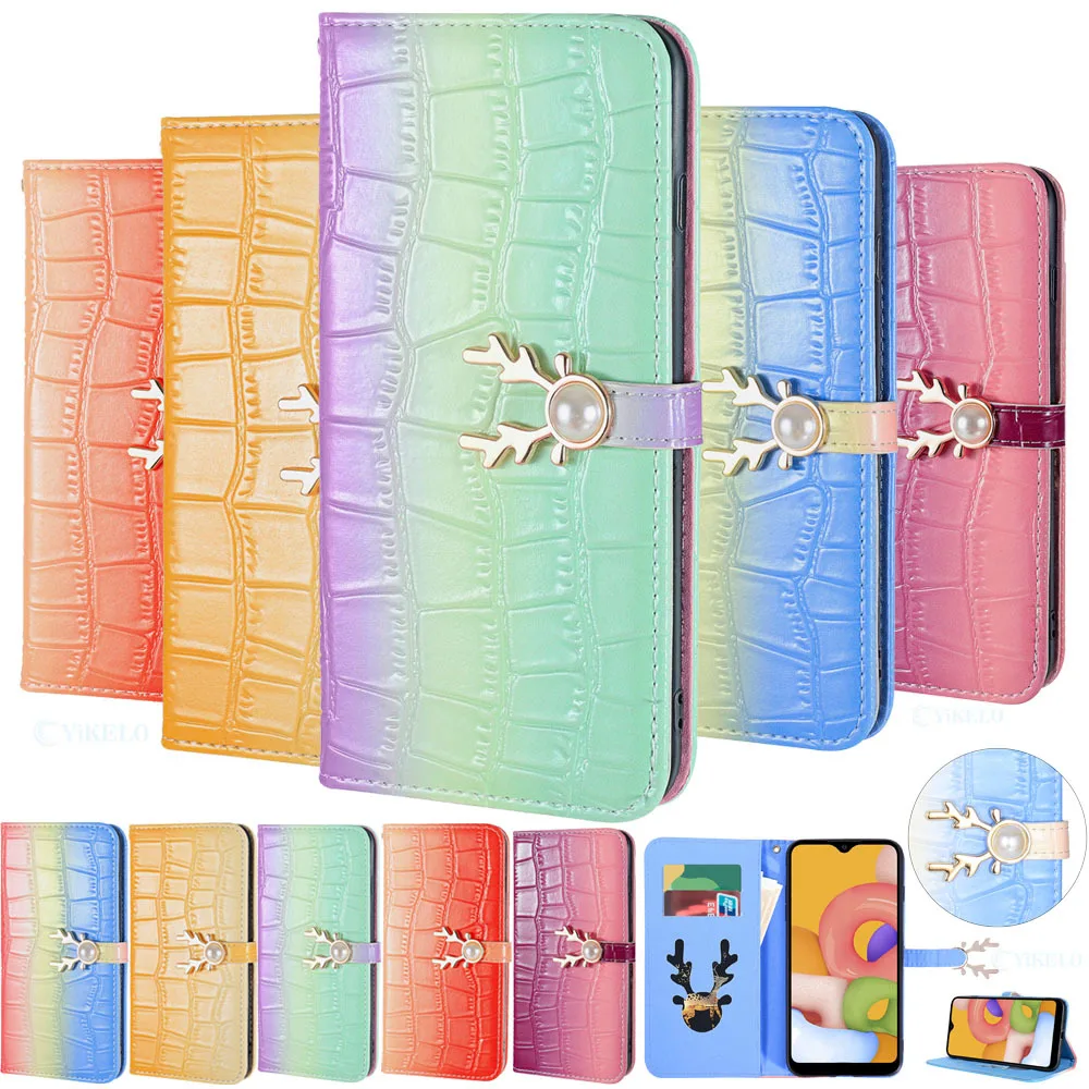 Flip Wallet Leather Case For Redmi Note 10 10S 9 9S 9A 9C 9T 8 7 7A POCO F3 X3 NFC M3 Pro 5G Gradient Crocodile Pearl Elk Cover