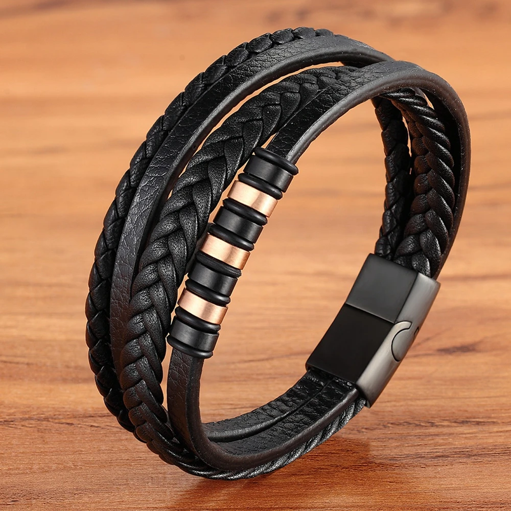 

TYO Hot Stainless Steel Bangle Leather Bracelet For Men Hand Charm Jewelry Multi-layer Magnet Clasp Handmade Gift For Cool Boys