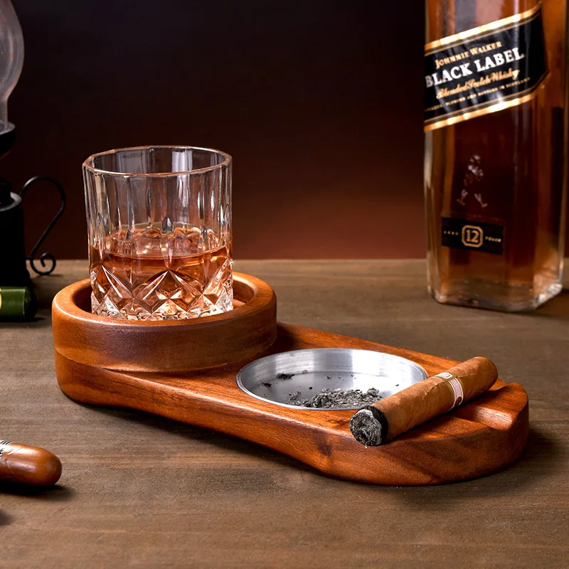 Creative 2-In-1 Whiskey Wine Glass Holder Ashtray Desk Wood Cup Rack Cigar Holder For Bar Home Kitchen Office Decoration