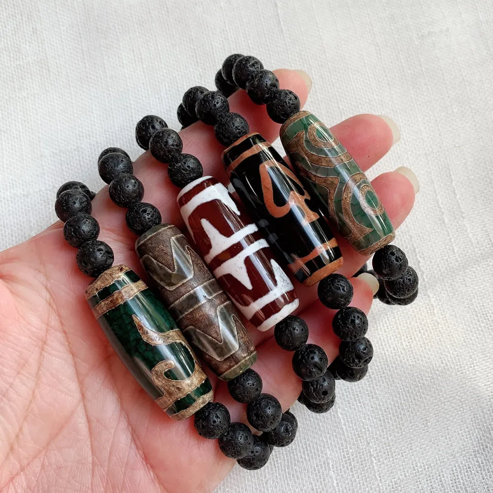 Retro Natural Tibetan Agates Stone Strand Bracelets Tiger Teeth Agat Dzi Black Lava Beaded Bracelet for Women Men Reiki Healing