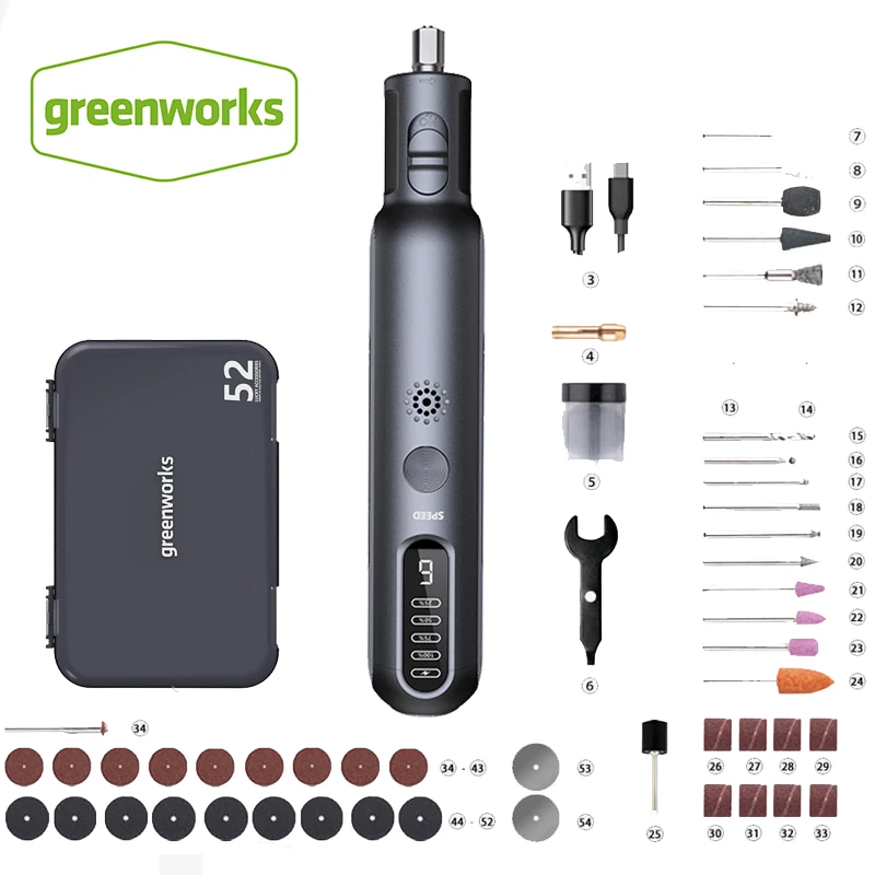 Greenworks-mini Cordless Velocidade Grinder Carregador Usb 8v 80w Gravação Moagem Ferramentas Elétricas 52 Unidades