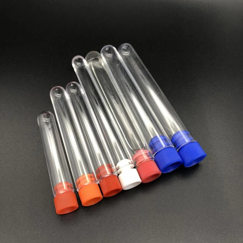 100 pieces/lot 12*100 15*100mm 15*150mm Plastic Tubes with cap Hard Transparent plastic Test tube with caps