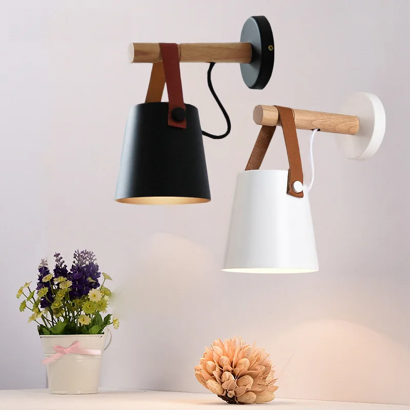LED Wall Lamps Abajur for Living Room Wall Sconces Light E27 Nordic Wooden belt Wall Light White/Black Support Drop Shipping