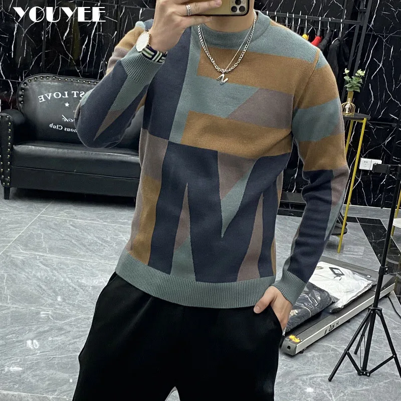 Men\'s Color Matching Sweater Korean Slim Trendy O-neck Plush Thickened Pullover Bottoming Shirt 2021 Autumn Winter Male Clothing