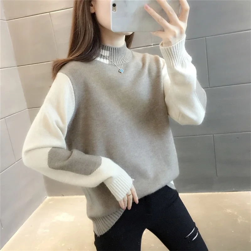 Herfst Winter Half Hoge Kraag Gebreide Trui Vrouwen Korte Trui Jumpers Dames Mode 6 Kleur Patchwork Gebreide Tops Vrouwelijke