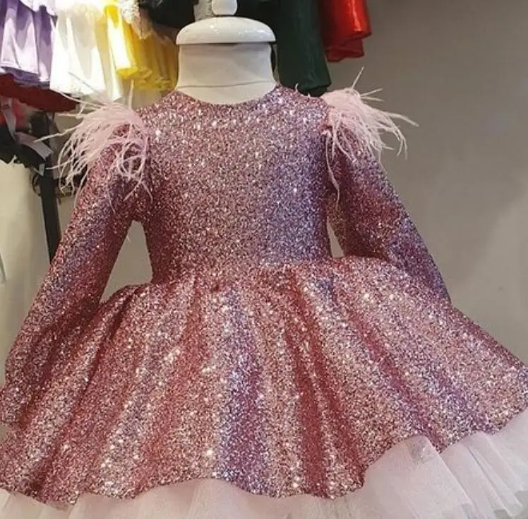 Robes à fleurs pour filles, Rose or, paillettes, robe de bal, plumes, manches longues, robes de spectacle d'anniversaire pour petits enfants, robes de mariage, 2021