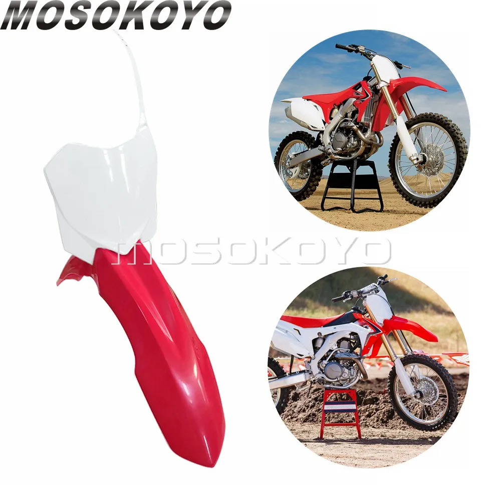 White Plastic Front Number Plate w/Front Fender Enduro Supermoto Racing Dirt Bike Mudguard for Honda CRF250R 10-13 CRF450R 09-12