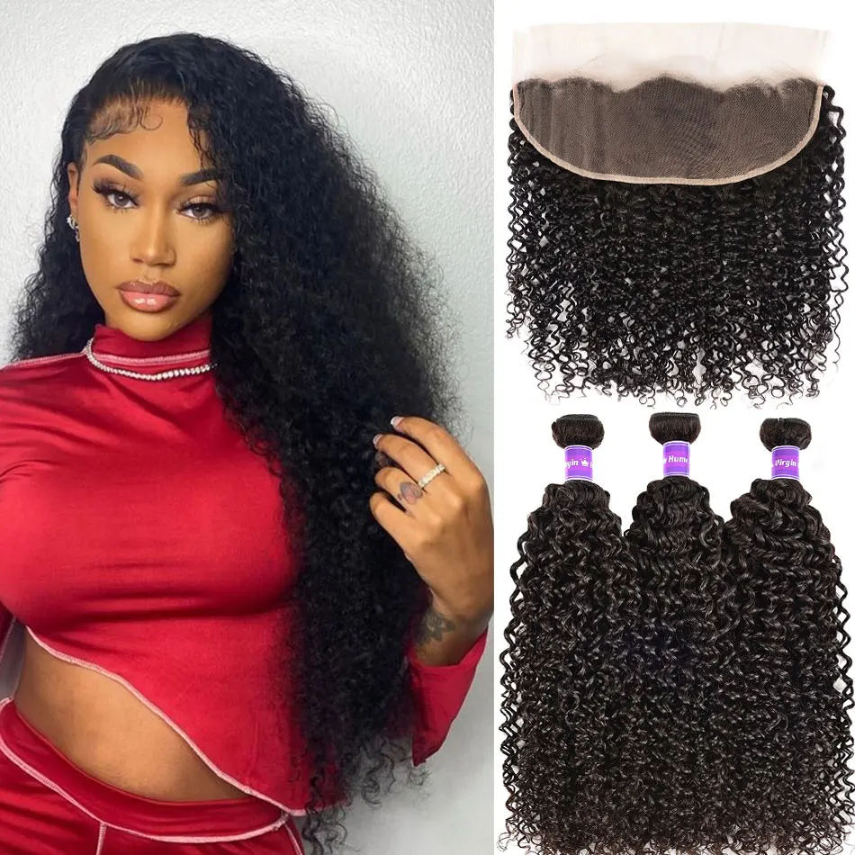 

Shuangya Hair Brazilian Kinky Curly Bundles With Frontal Transparent Lace Frontal With Bundles 100% Remy 3 Bundles With Frontal