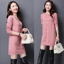 Fdfklak Autumn Winter New Hook Flower O Neck Loose Knit Sweater Korean Mid-Length Lace Pullover Sweaters Women's Bottoming Dress