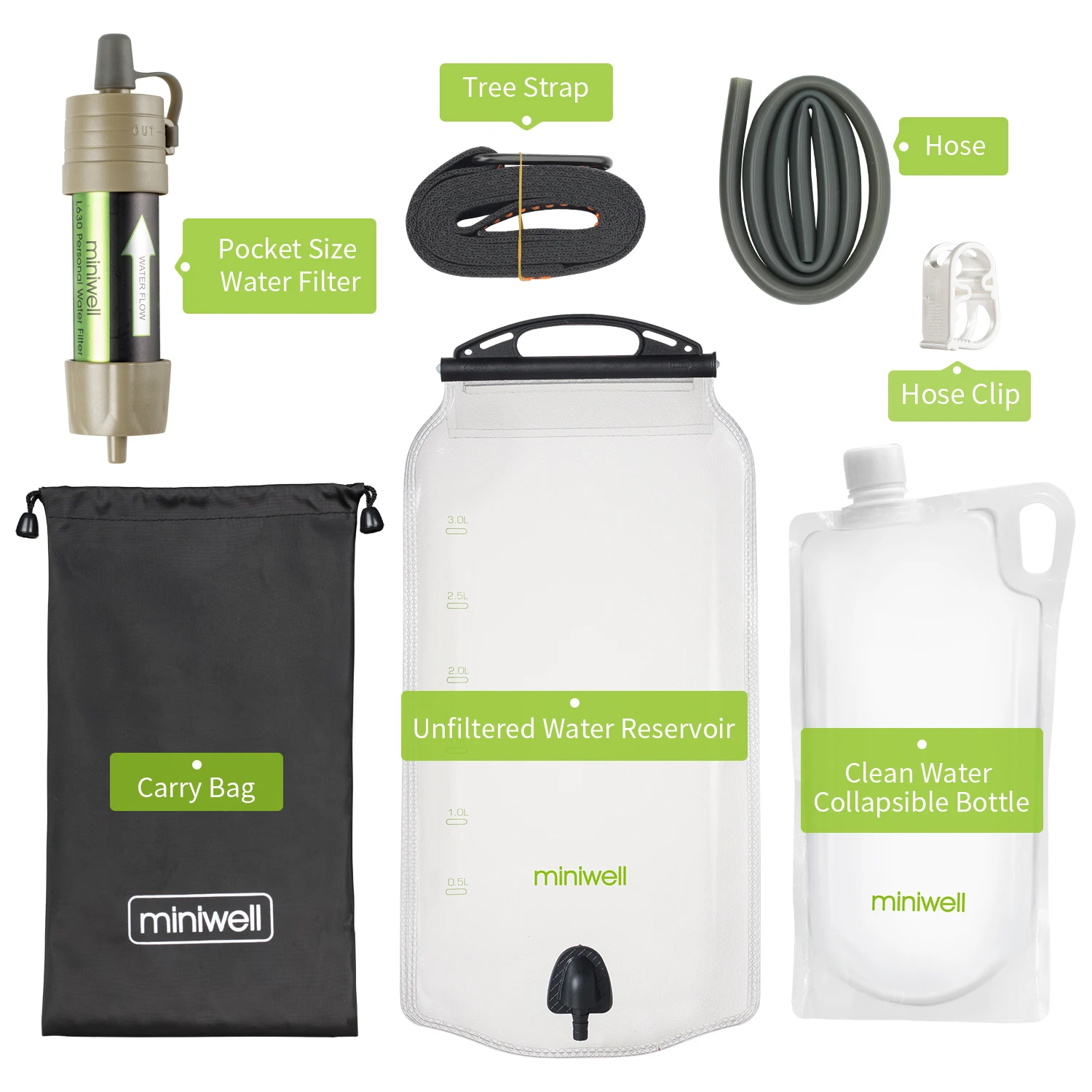 miniwell Outdoor Portable Gravity Water Filter System with Water Reservoir for hiking,camping,survival and travel