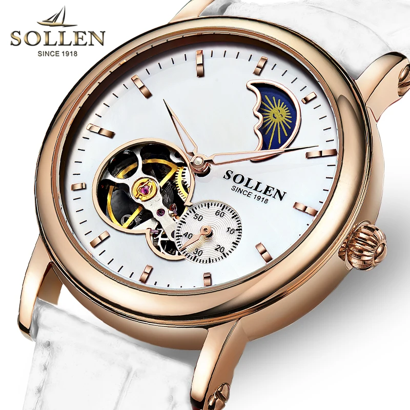 Switzerland SOLLEN Women's Watch Luxury Brand Automatic Mechanical Sapphire Luminous Waterproof Moon Phase Skeleton Clocks SL401