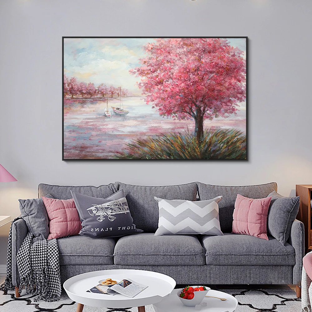 

Abstract Landscape Hand-painted Oil Painting Canvas Art Nodic Colorful Tree and Lake Oil Paintings for Livingroom Wall Decor