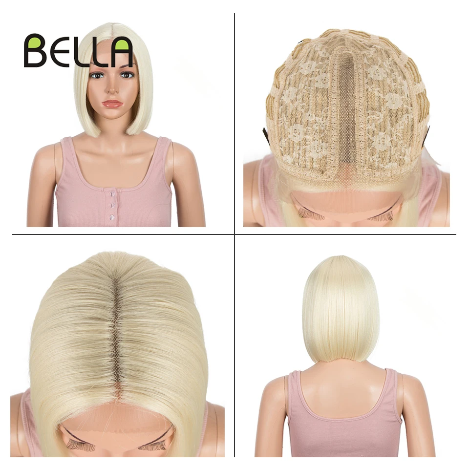 Bella Bob peluca de encaje sintético peluca de pelo corto Rubio rosa 613 rojo limón Rubio Bob pelucas rectas de encaje para mujeres Cosplay de Lolita