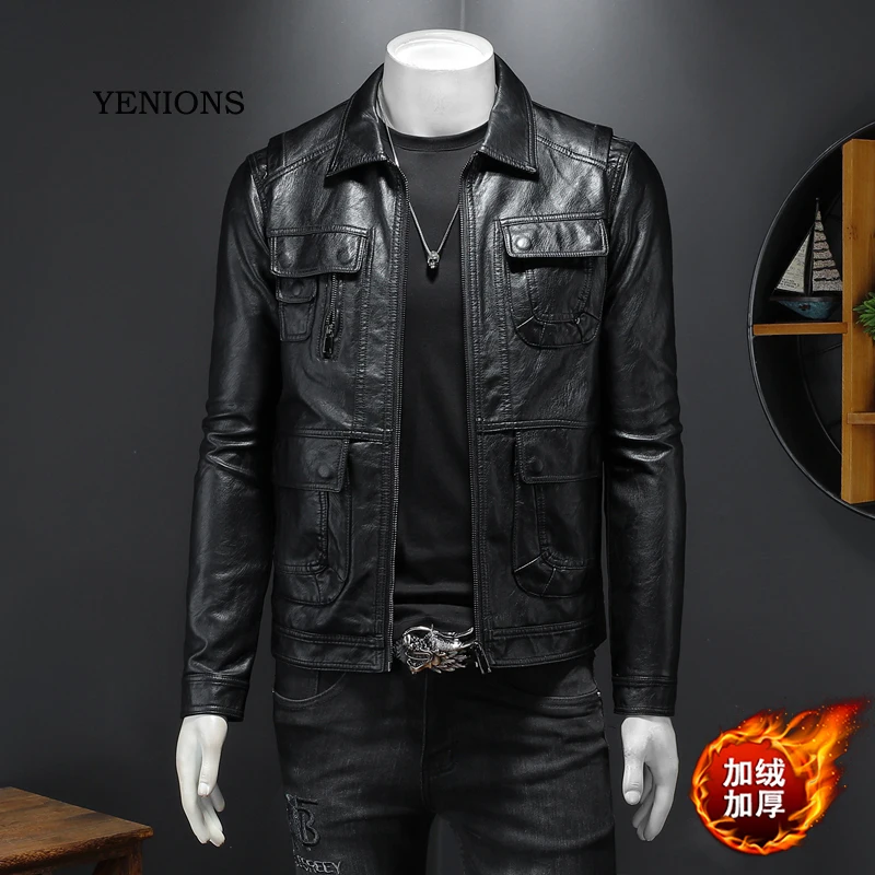 Leather Jacket Men Coat Brand Clothing Lapel Multi-Pocket Zipper Slim Fleece Thicken PU Motorcycle Biker Fashion Black Outwear