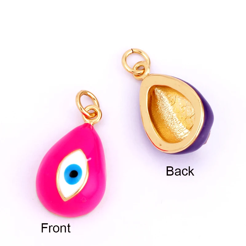 Evil Eye Tropfen-Emaille-Charm, neonrosa, orange, türkis, blaues Öl, tief ausgeschnitten, echt vergoldet, Halskette, Armband, Anhänger M09 M93 – Detail 3