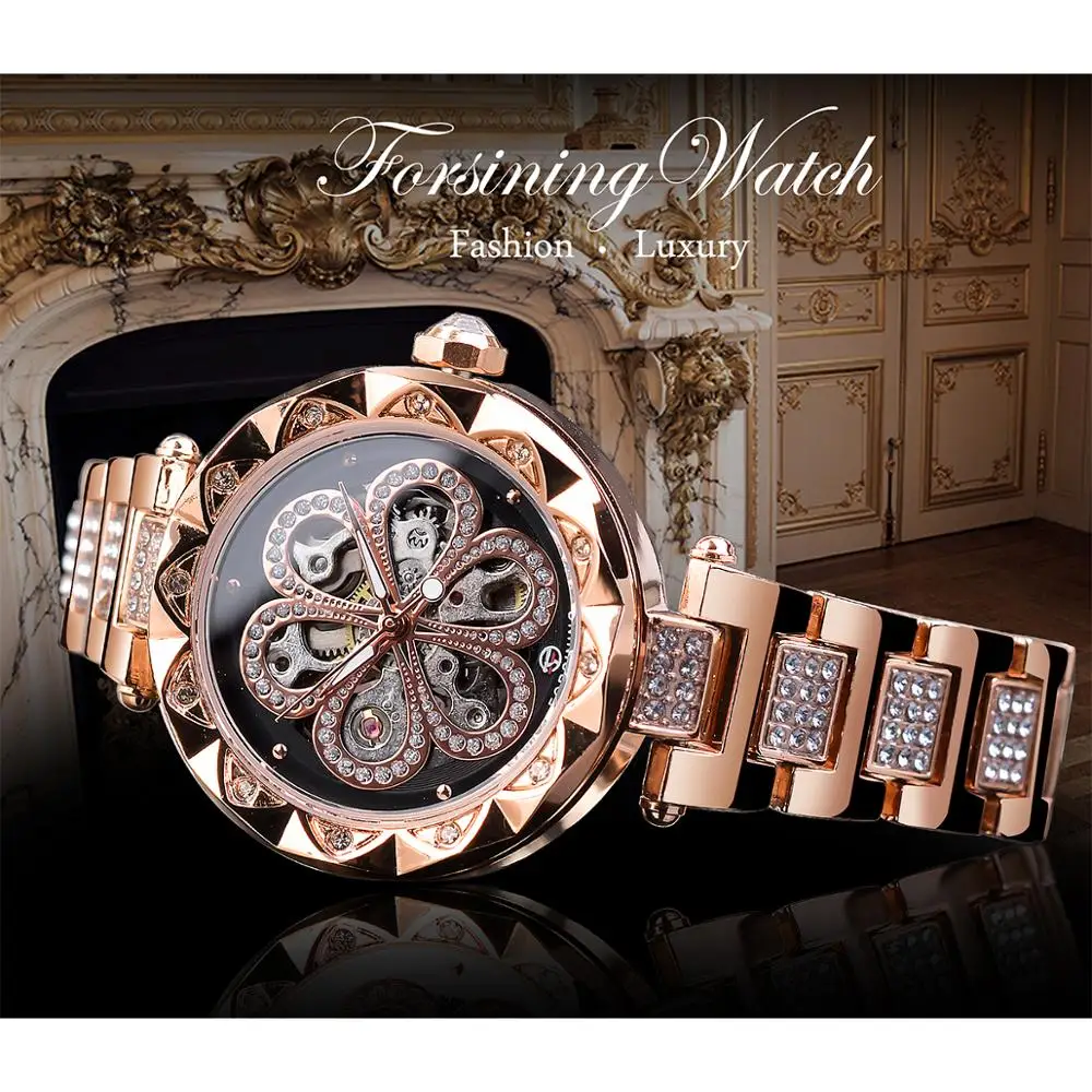 Forsining Female Watch Top Brand Luxury Diamond Party Fashion Waterproof Clock Mechanical Automatic Stainless Steel Women Watch