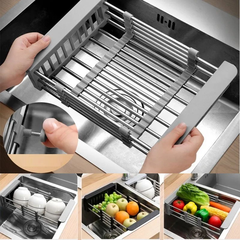 

Stainless Steel Kitchen Sink Drain Rack Telescopic Dish Drying Storage Rack Drainer Shelf Fruit Bowls Holder Basket For Kitchen