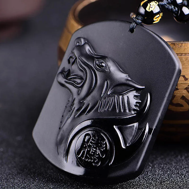 

Natural Obsidian Guardian Brand Wolf head Pendant Jewelry Fine Jewelry Obsidian Wolf head Anti-evil Transit Pendant