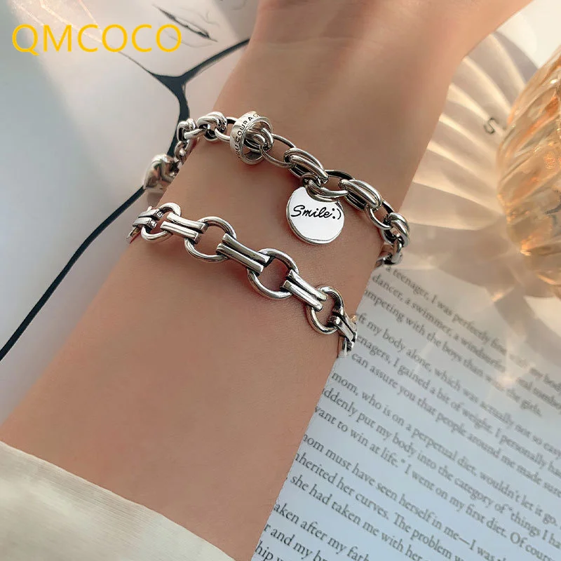 QMCOCO Silver Color Thick Chain Bangles Bracelet 2021 New Style Trendy Vintage Punk LOVE Heart-Shape Party Jewelry Gift For Girl