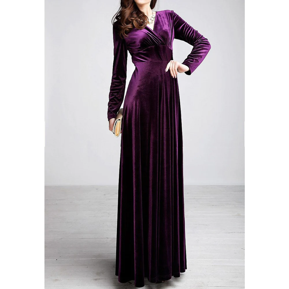 Plus Size 4XL 5XL Women Winter Dress Long Sleeve V-Neck Long Maxi Velvet Dresses Elegant Ladies Formal Party Red Dresses black