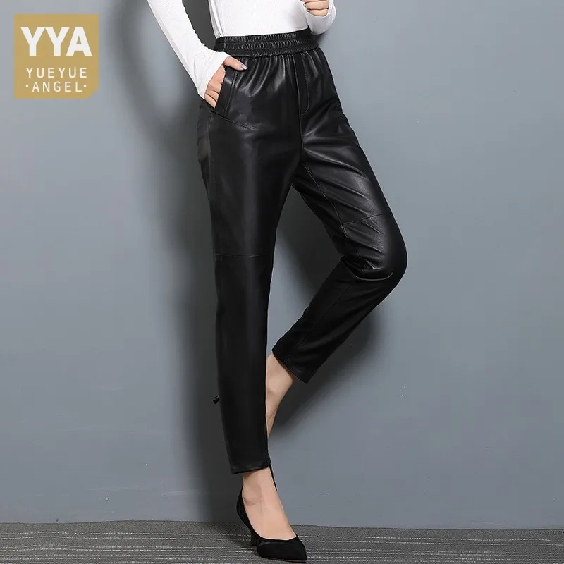 Spring Women Elastic Waist Genuine Leather Pencil Pants Office Lady Sheepskin Black Pants Slim Fit High Waist Straight Trousers