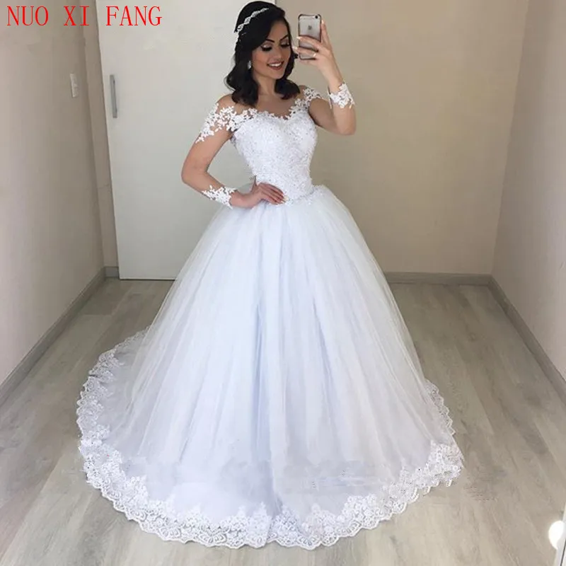 NUOXIFANG 로브 드 mariee 긴 소매 웨딩 드레스 2020 화이트 레이스 신부 드레스 다시 웨딩 드레스를 통해 볼 Vestido de Noiva