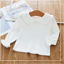 Camisa de encaje blanco para niñas recién nacidas, jerseys de manga larga con cuello redondo, primavera y otoño