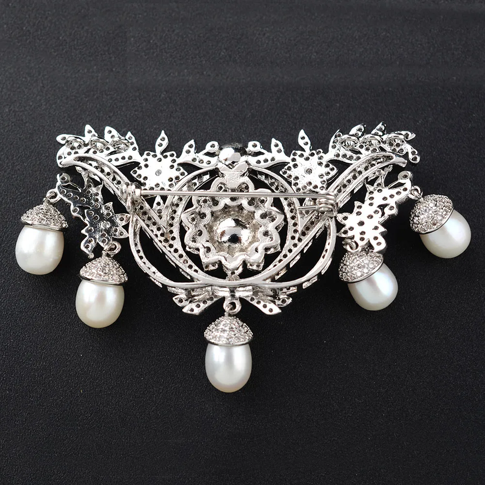 Fresh Water Pearl Golden Plated Cubic Zircon Micro Pave Flower Brooch