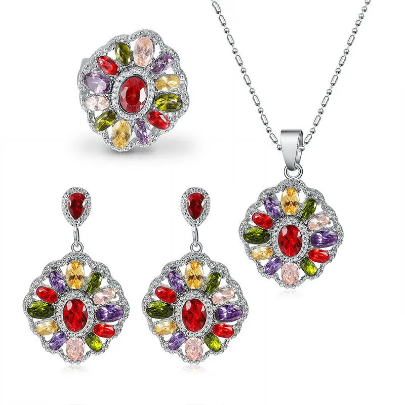 Classical Fashion Silver Color Colorful Mystic Crystal Pendant Necklace Earrings Ring Jewelry Set for Women Anniversary Wedding