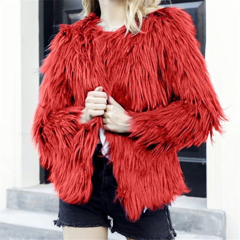 Christmas Faux Fur Coat Winter Fur Jacket Women Streetwear Pink Fur Fluffy Jackets Vintage Furry Coats Fuzzy Soft Outerwear Red