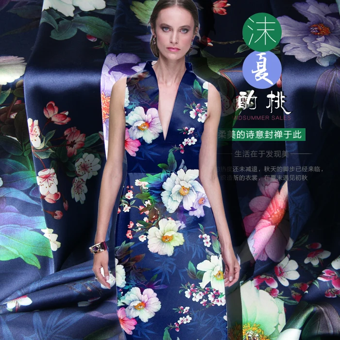 PRINTED SILK STRETCH SATIN 118cm width 19momme 100% Silk Sewing Material For Summer Dress