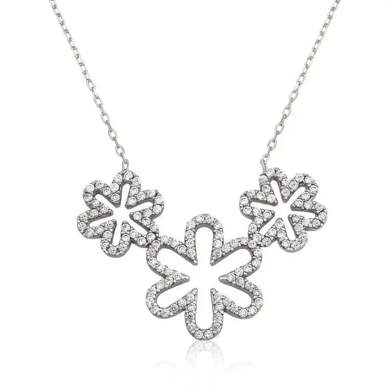 Silver Triple Daisy Lady Necklace 925 Sterling Women Fine Jewelry Wedding Party Birthday Gift - Box - Jeweled - Pendant - Chain Choker - Female - Ladies - Fashion