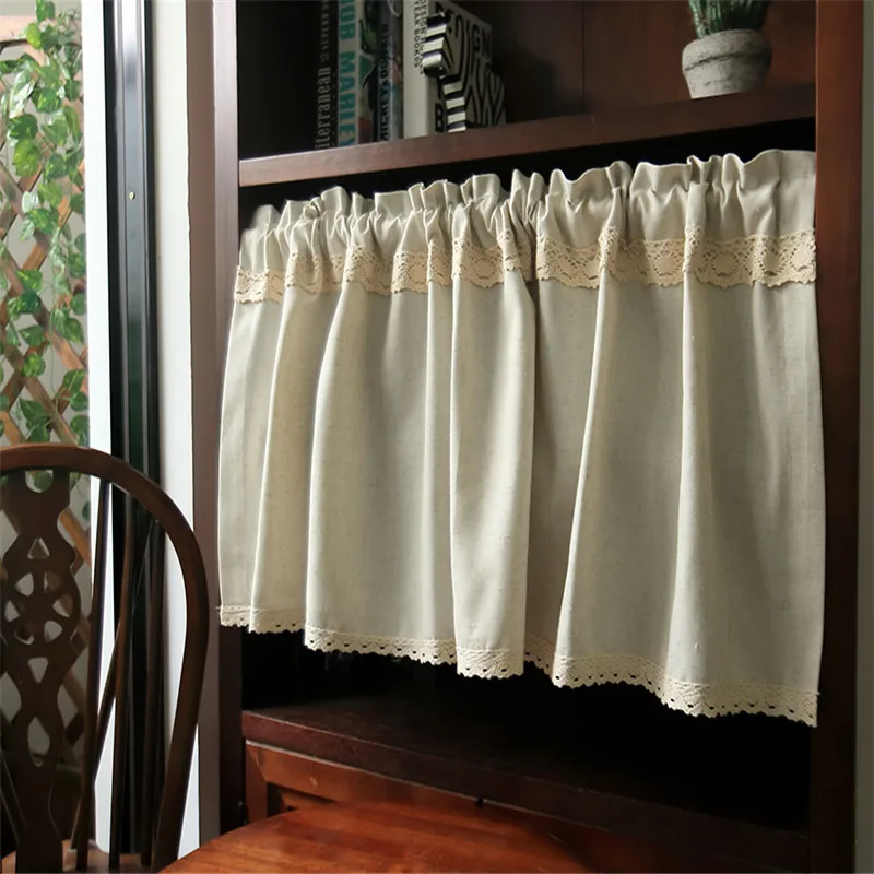 Free Shipping High Quality Purdah Tube Beige Solid Embroidery Curtain Linen Lace Coffee Shades Kitchen Short Drapes Small Blinds