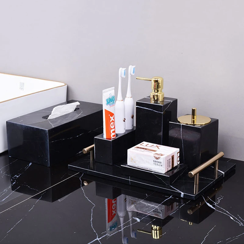 Nero Marquina Black Natural Marble Bathroom Accessories Sets Luxury Soap Dispenser Cups Tray Bathroom Kit