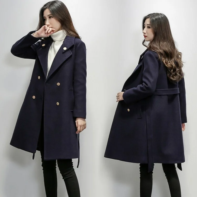 

Slim Fashion Double Breasted Overcoat Female Autumn Winter Office Lady Long Sleeve Bow Outerwear Elegant Beige Wool Coat S-XL
