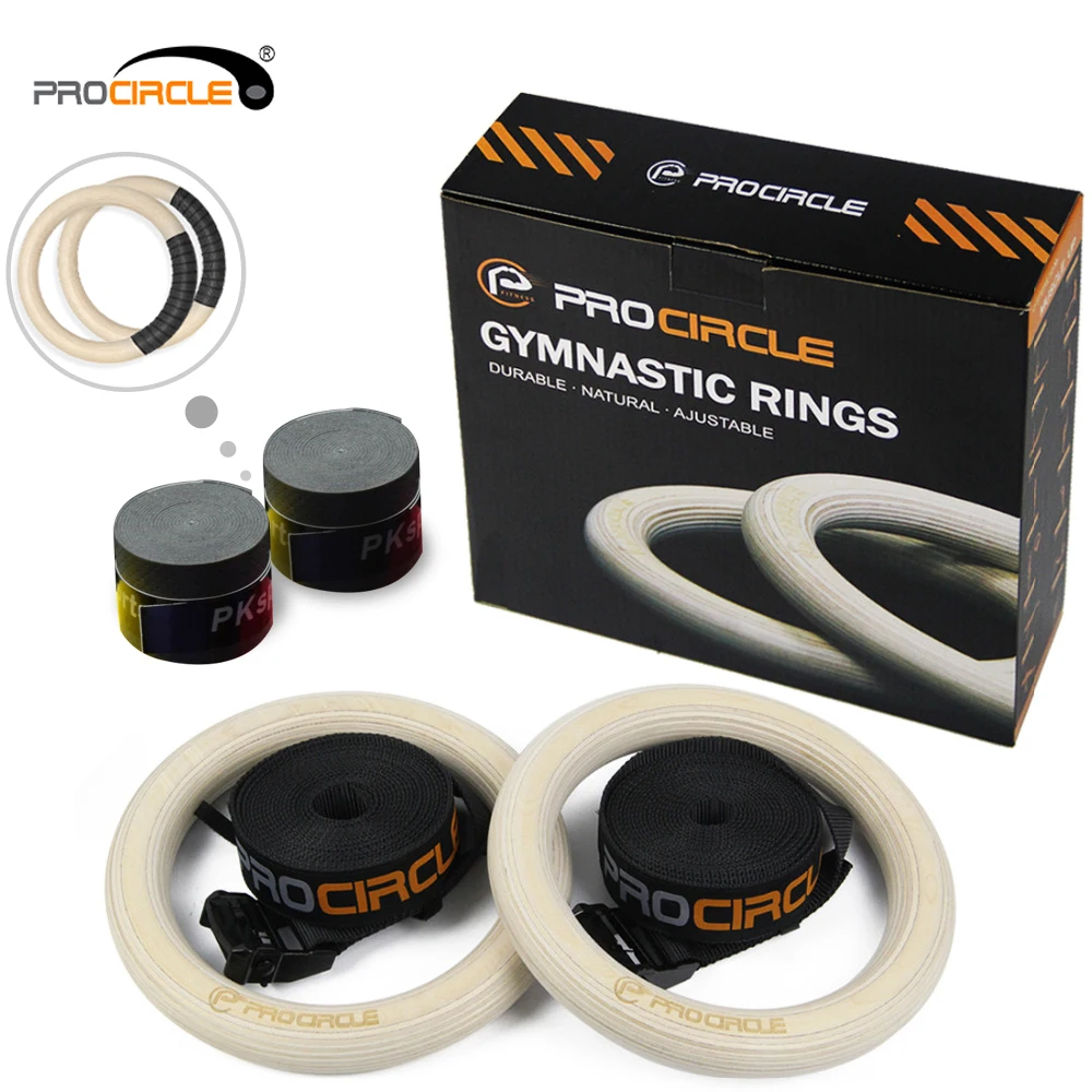 Procircle-Wood Gymnastic Rings for Adults and KidsGym Rings with Adjustable Long Buckles, Workout Straps, Home Gym 28mm