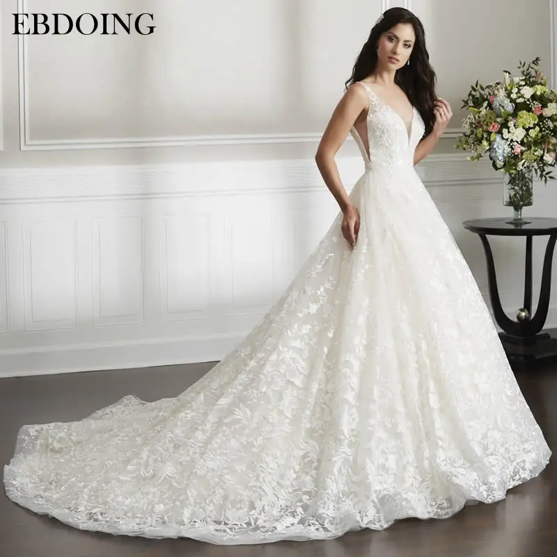 

Vestidos De Novia New Arrive A-line Wedding Dress V-neck Neckline Sleeveless Plus Size Chapel Train Wedding Grow Bridal Gown