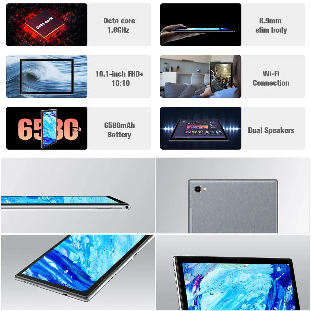 Blackview Tablet Android 10, Tablet 10.1 inci Android 10 WIFI, PC RAM 3GB ROM 32GB, kamera belakang 13MP, baterai 6580mAh, Octa Core, speaker ganda