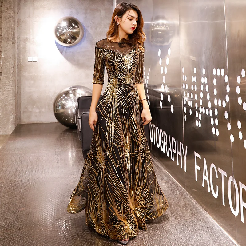 Robe De Soiree Evening Dress Gold Sequined Crystal O-Neck Black Floor-Length Dinner Long Party Prom Gowns