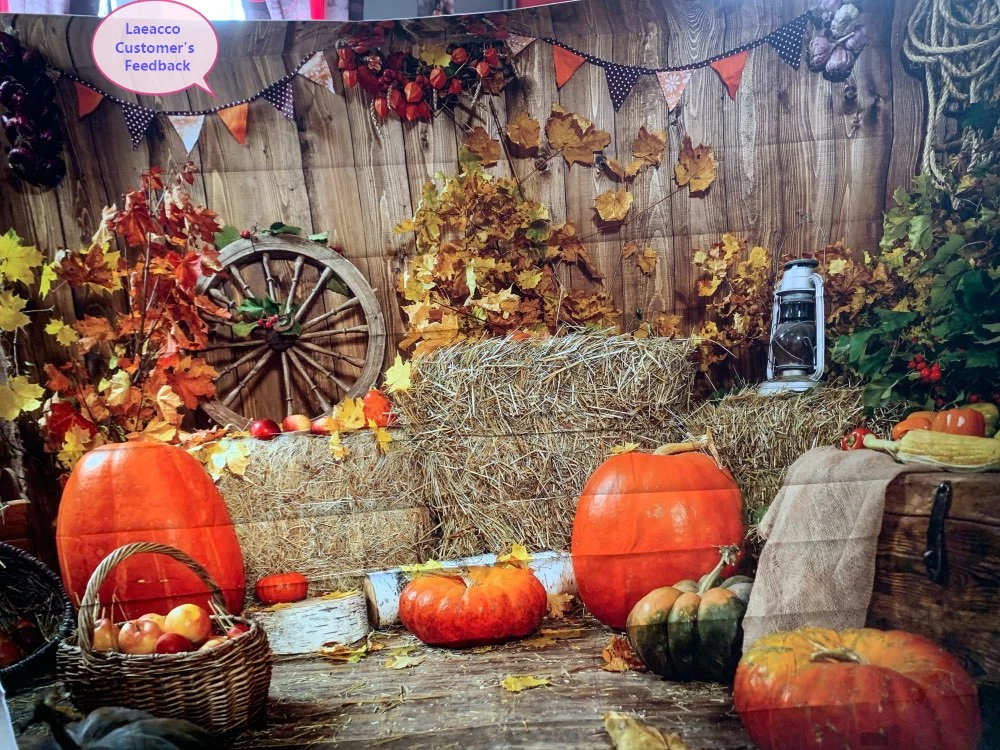 Laeacco Photo Backdrop Rural Farm Wooden Warehouse Haystack Pumpkin Autumn Maples Baby Newborn Photo Background Photo Studio