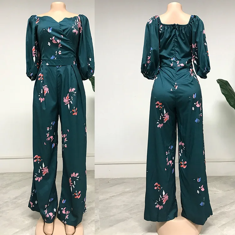 2021 Lente Print Jumpsuit Afrikaanse Jurken Voor Vrouwen Afrikaanse Kleding Romper V Hals Lange Mouw Lange Broek Jumpsuit