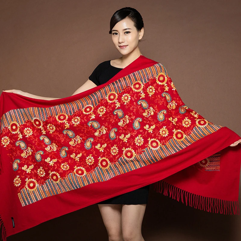 

Autumn winter Tibet Nepal embroidery flowers imitation cashmere scarf women ethnic style hair scarf thickened dual-use shawl