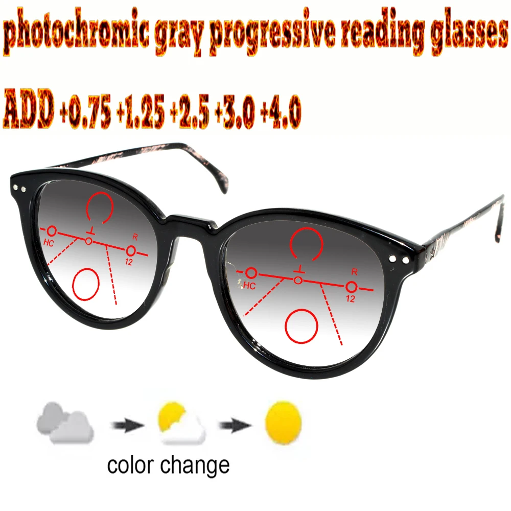 

Photochromic Gray Progressive Multifocal Reading Glasses Men Woem Ultralight Black Frame+1.0 +1.5 +1.75 +2.0 +2.5 +3 +3.5 +4