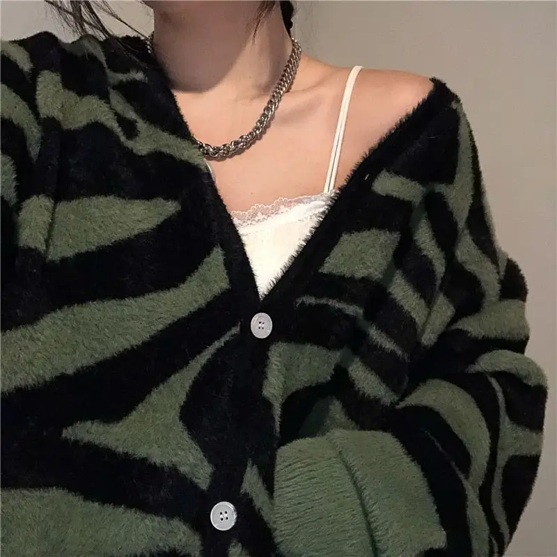 Women Cardigan Zebra Pattern V-neck Loose Casual All-match Single Breasted Knitted Sweater Korean Style Ulzzang Autumn Outwear