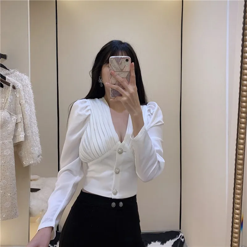 Primavera Ufficio Delle Signore Sexy Profondo Scollo A V Camicetta Magliette e camicette di Cristallo Bottoni A Maniche Lunghe Delle Donne Della Camicia In Chiffon di Lavoro di Business Slim Fit camicette