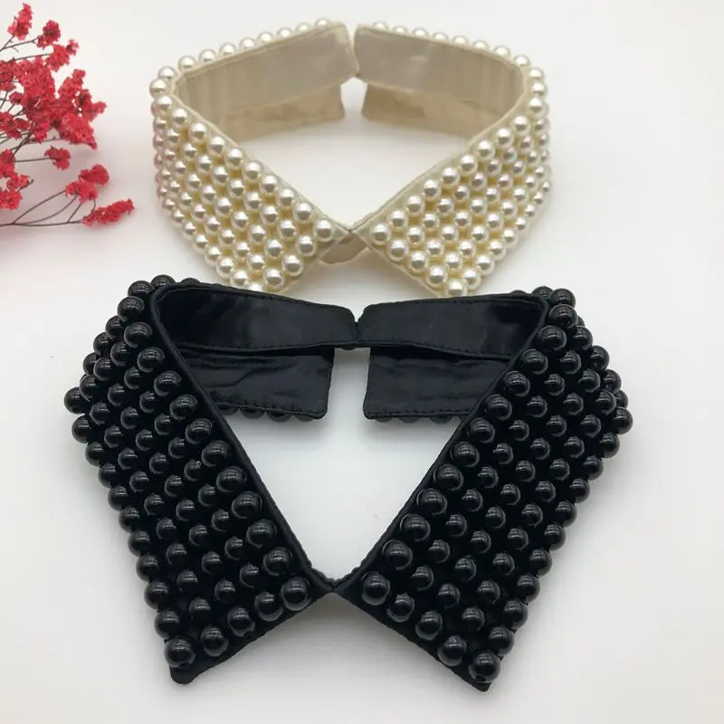 Women Retro Handmade Beading Faux Pearls Layers Bib Lapel Fake Collar Jewelry Detachable Necklace Choker Cloth Accessory