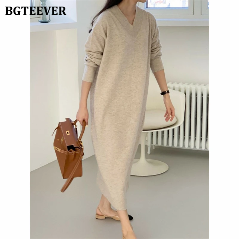 BGTEEVER Vintage Women Oversized Sweater Dress V-neck Long Sleeve Straight Female Knitted Dress 2021 Autumn Winter Knit Vestidos