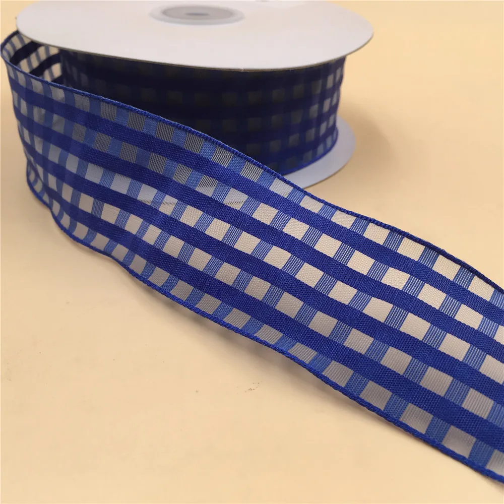 38MM X 25 Yards Royal Blue Plaid Check Organza  Wire Edge Ribbon for Birthday Decoration Gift Wrapping 1-1/2