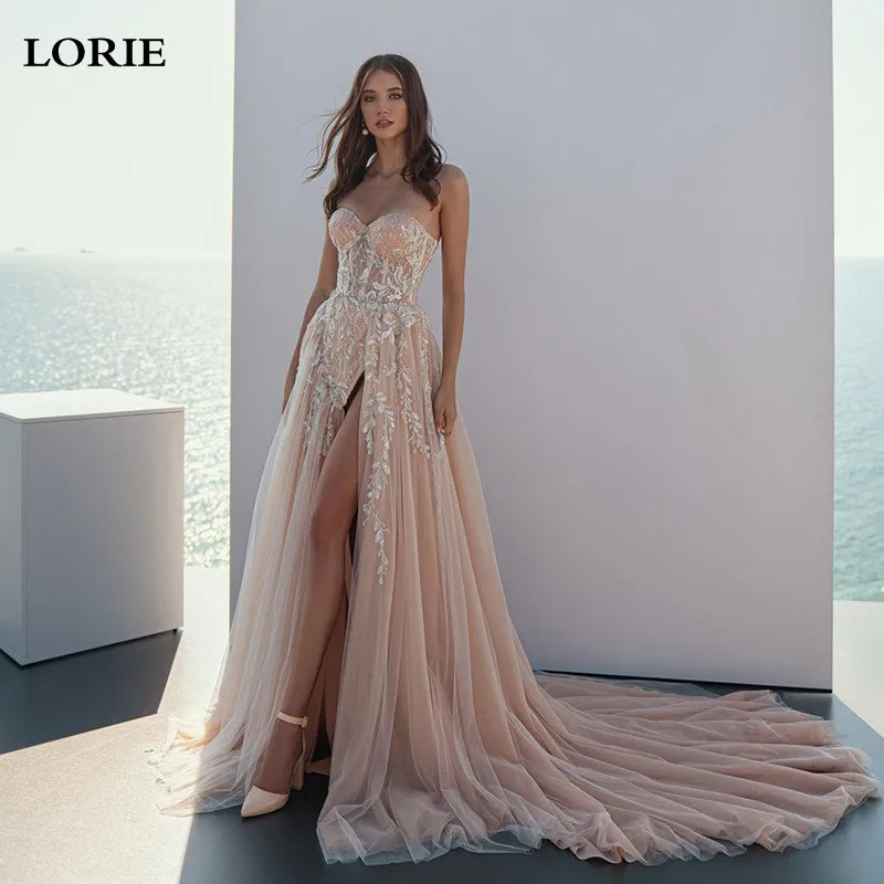 Lorie champagne praia querida vestidos de casamento 2022 a linha appliqued laço vestido de noiva longo lado split boho vestidos de casamento