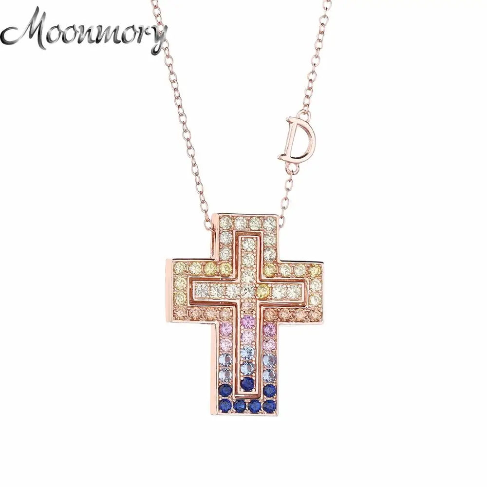 Moonmory Belle Epoque 925 Sterling Silber Doppel Kreuz Anhänger Halskette Brief D Rose Gold Kreuz Halskette Mit Bunten Stein